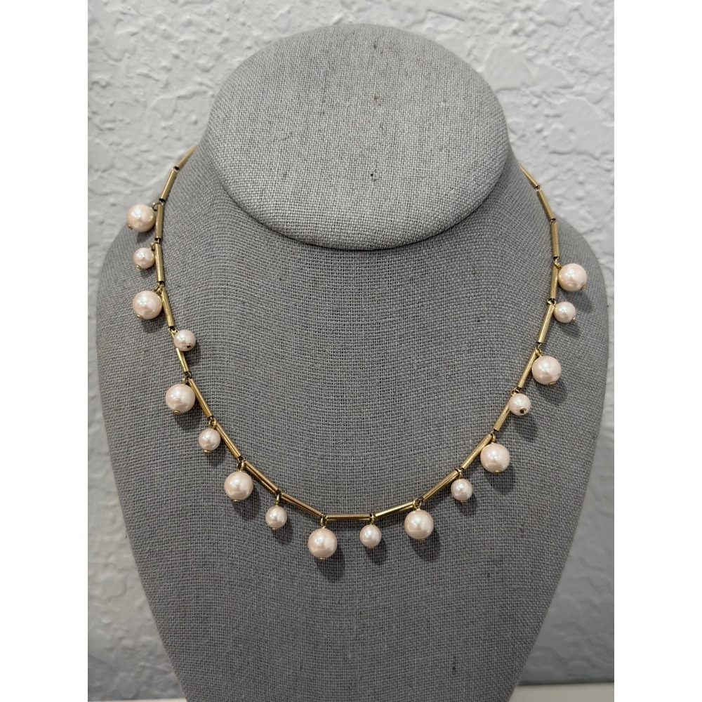 AK II Imitation  Pearl Dangle Gold Tone Link Bar Necklace Modern‎ Classic 18"